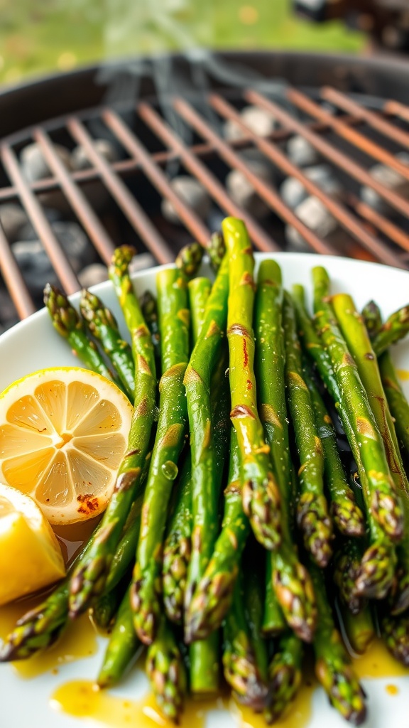 Grilled asparagus with lemon wedges on a plate, showcasing charred and vibrant green spears.